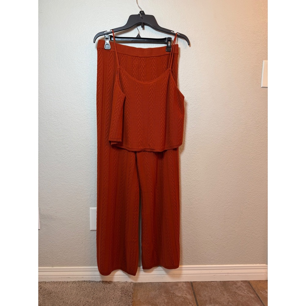 Anthropologie Rust Orange Cable Knit 2 Piece Set Cami & Wide Leg Pants Size M